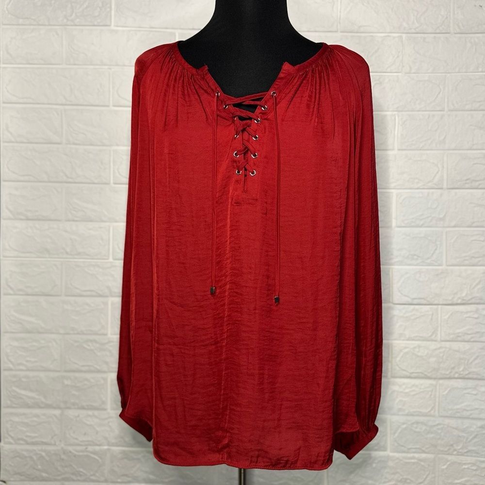 Jennifer Lopez Red Lace Up Blouse